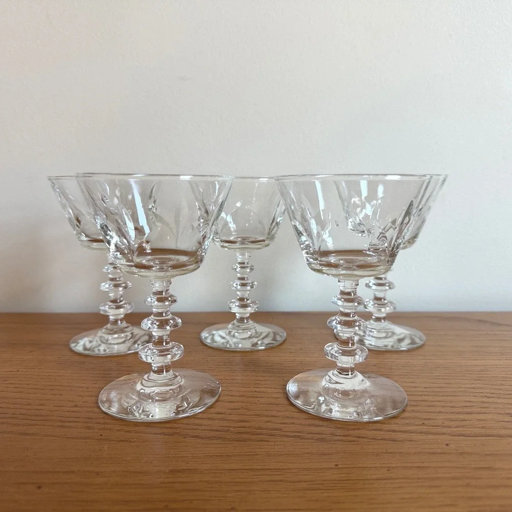 Set‎ of 5 Vintage Etched Crystal Cordial Glasses Fluted Stemware